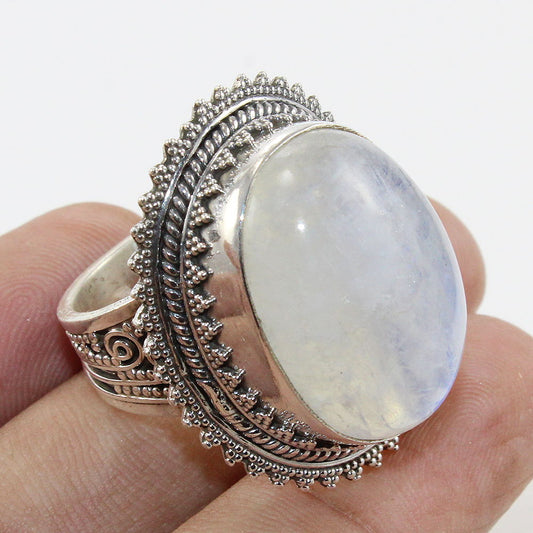925 SOLID STERLING SILVER NATURAL RAINBOW MOONSTONE GEMSTONES HANDMADE RING, ALL SIZES AVAILABLE