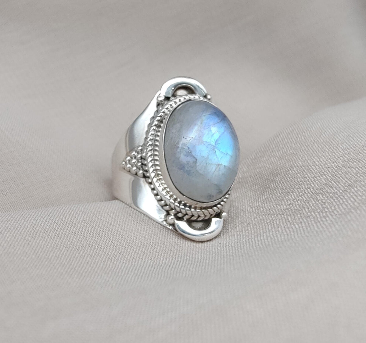 Rainbow Moonstone Ring: Sterling Silver Statement Jewelry, Artisan Boho Design