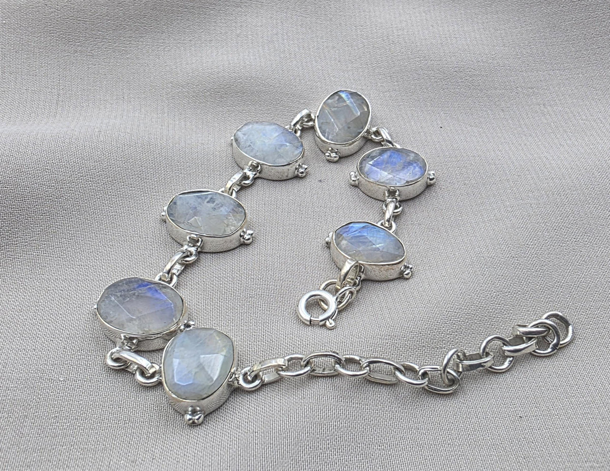 Rainbow Moonstone 925 Sterling Silver Bracelet Natural Oval Link Jewelry