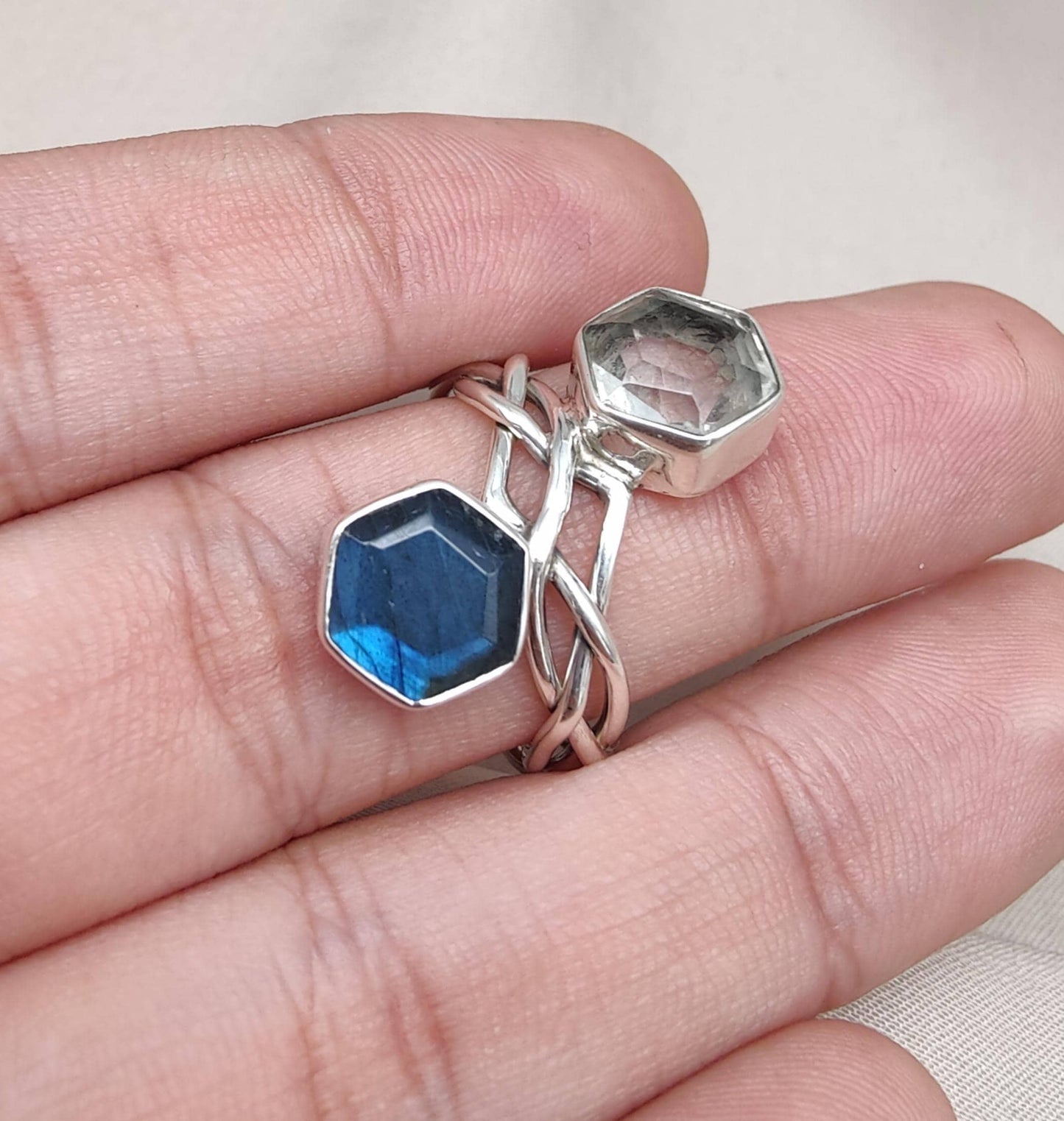 Labradorite & Green Amethyst 925 Sterling Silver Ring: Adjustable Double Stone