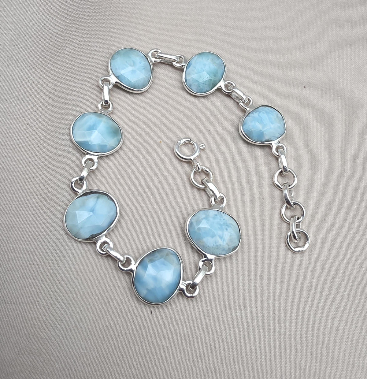 Natural Larimar Handmade  Bracelet : 925 Sterling Silver Blue Gemstone Adjustable Bracelet