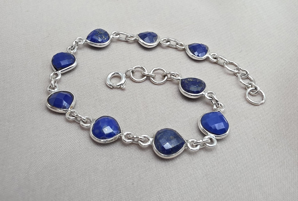 Lapis Lazuli Heart Link Bracelet 925 Sterling Silver Faceted Gemstone Handmade Gemstone Jewelry