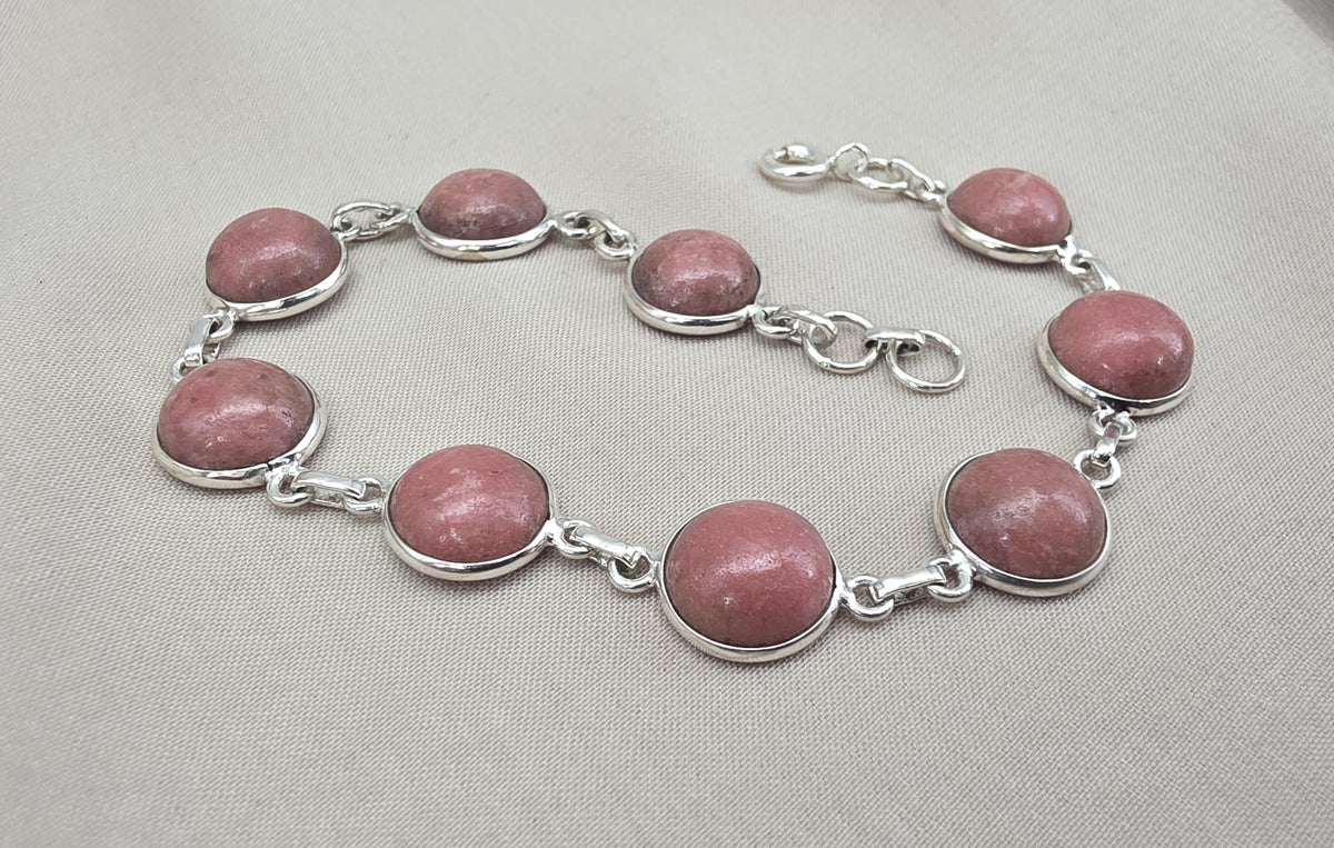 Rhodochrosite Bracelet 925 Sterling Silver Round Cabochon Pink Gemstone Link Bracelet Handmade Jewelry