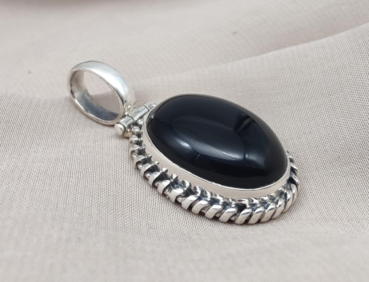 Handmade Black Onyx 925 Sterling Silver Pendant: Protection Amulet