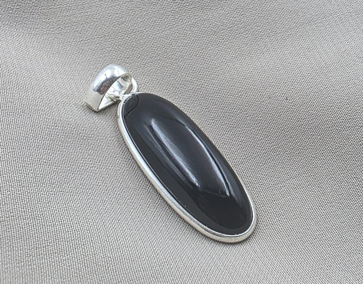 925 Sterling Silver Black Onyx Pendant, Long Oval Cabochon Gemstone Necklace