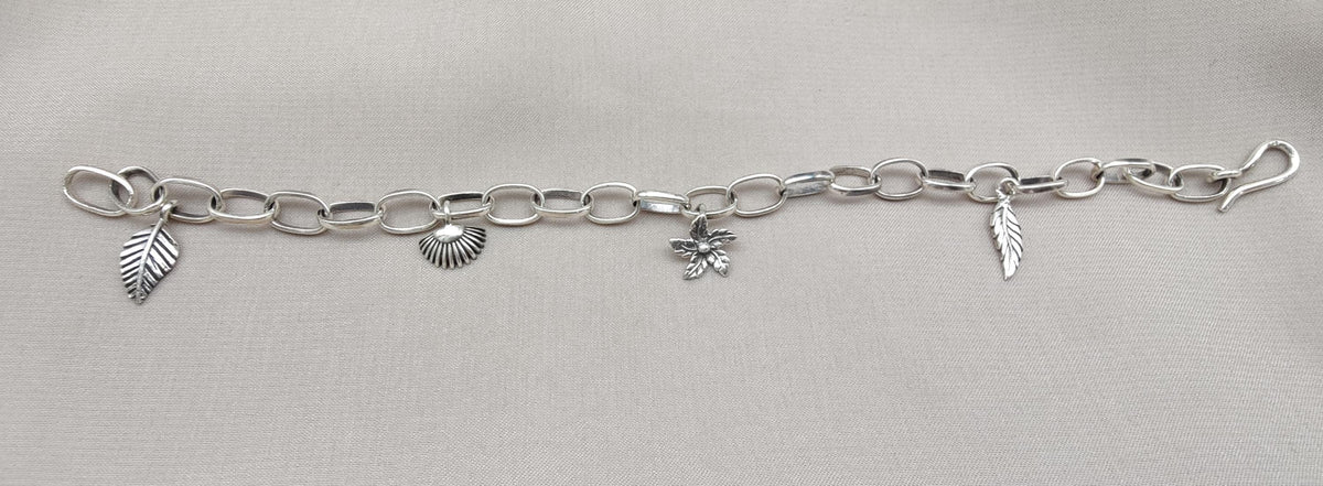 Sterling Silver Charm Bracelet: Leaf, Shell & Flower Charms - Handmade
