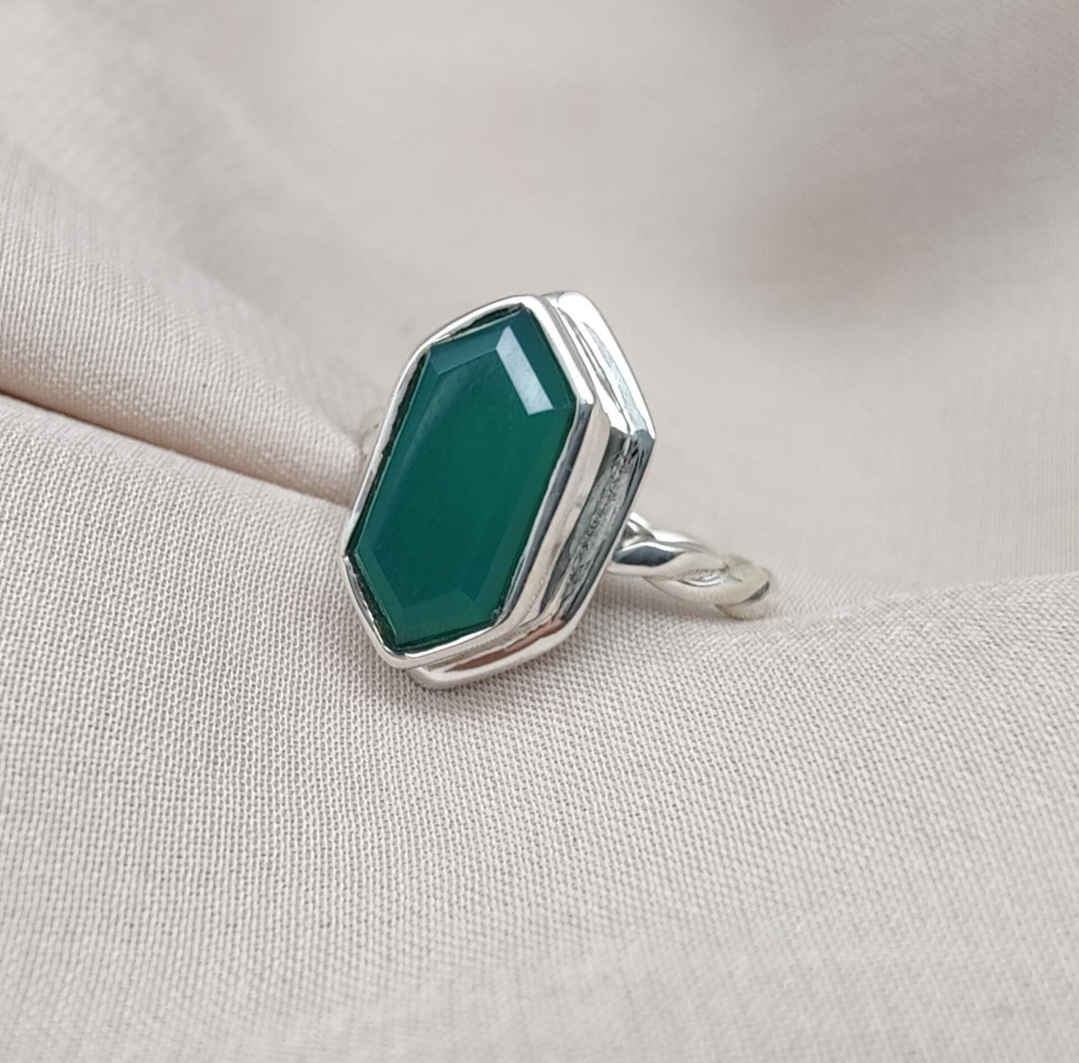 Green Onyx Hexagon Ring: 925 Sterling Silver, Handmade Jewelry