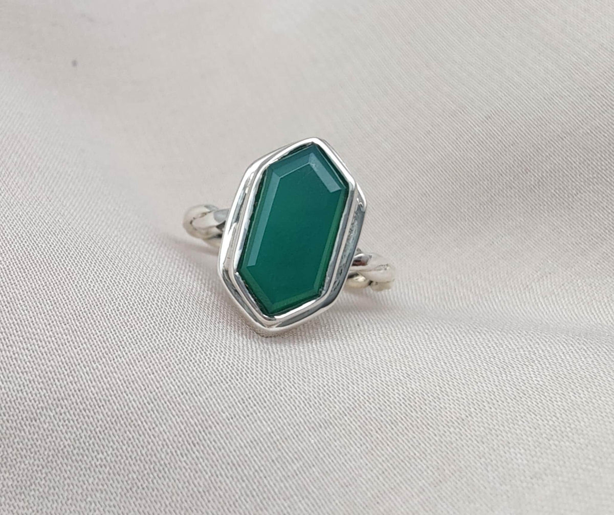 Green Onyx Hexagon Ring: 925 Sterling Silver, Handmade Jewelry
