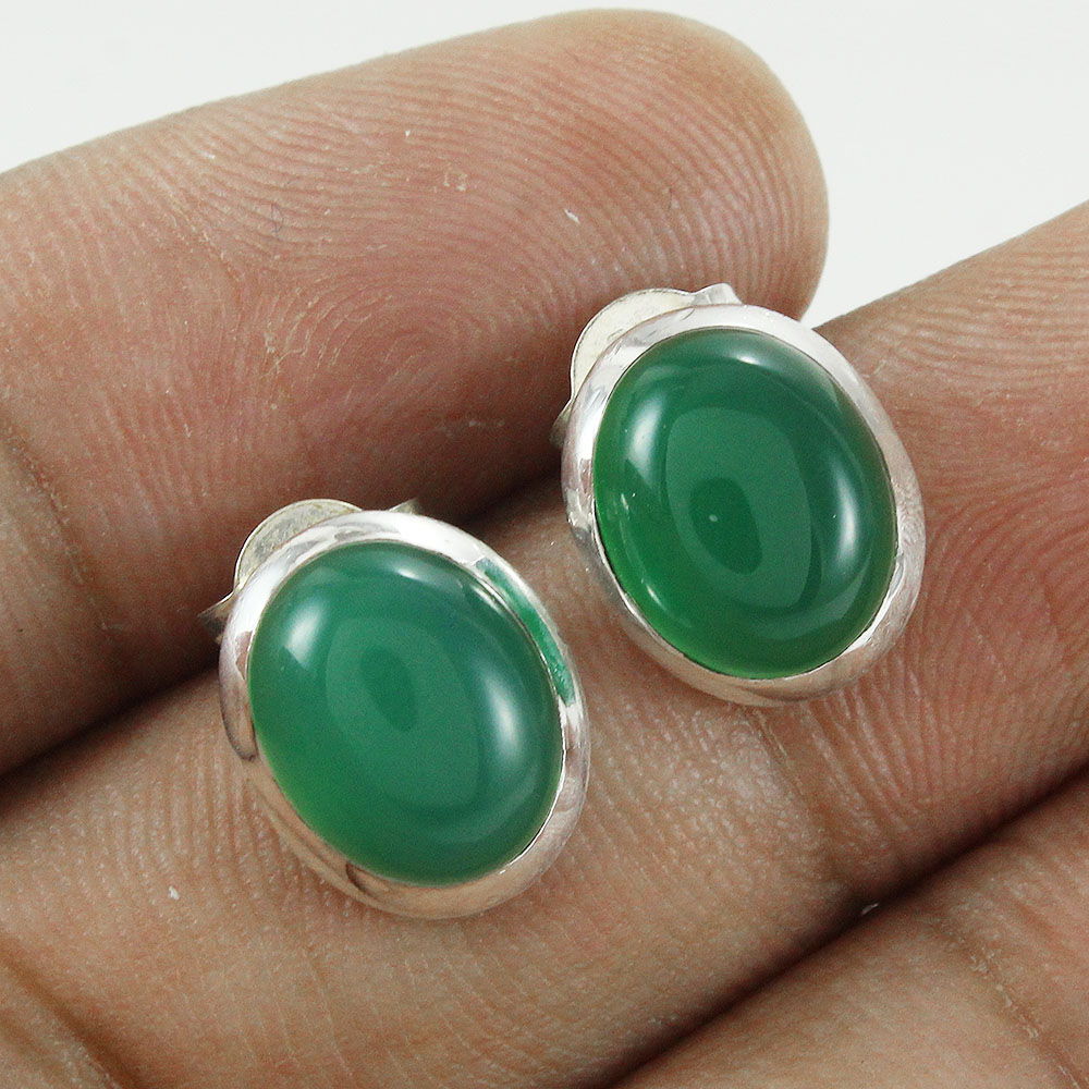 925 SOLID STERLING SILVER NATURAL GREEN ONYX GEMSTONE STUD EARRING