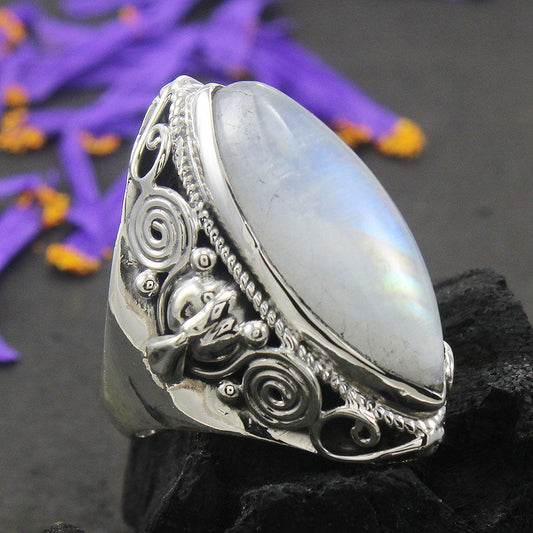 925 SOLID STERLING SILVER NATURAL RAINBOW MOONSTONE GEMSTONES HANDMADE RING, ALL SIZES AVAILABLE