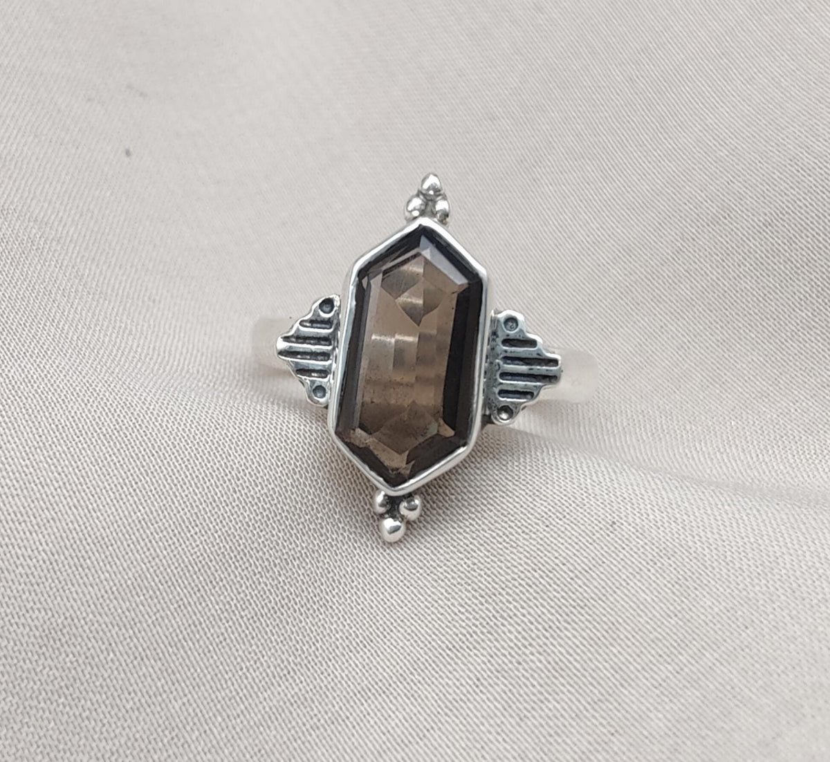 Smoky Quartz Sterling Silver Ring: Hexagon Gemstone, Boho Jewelry