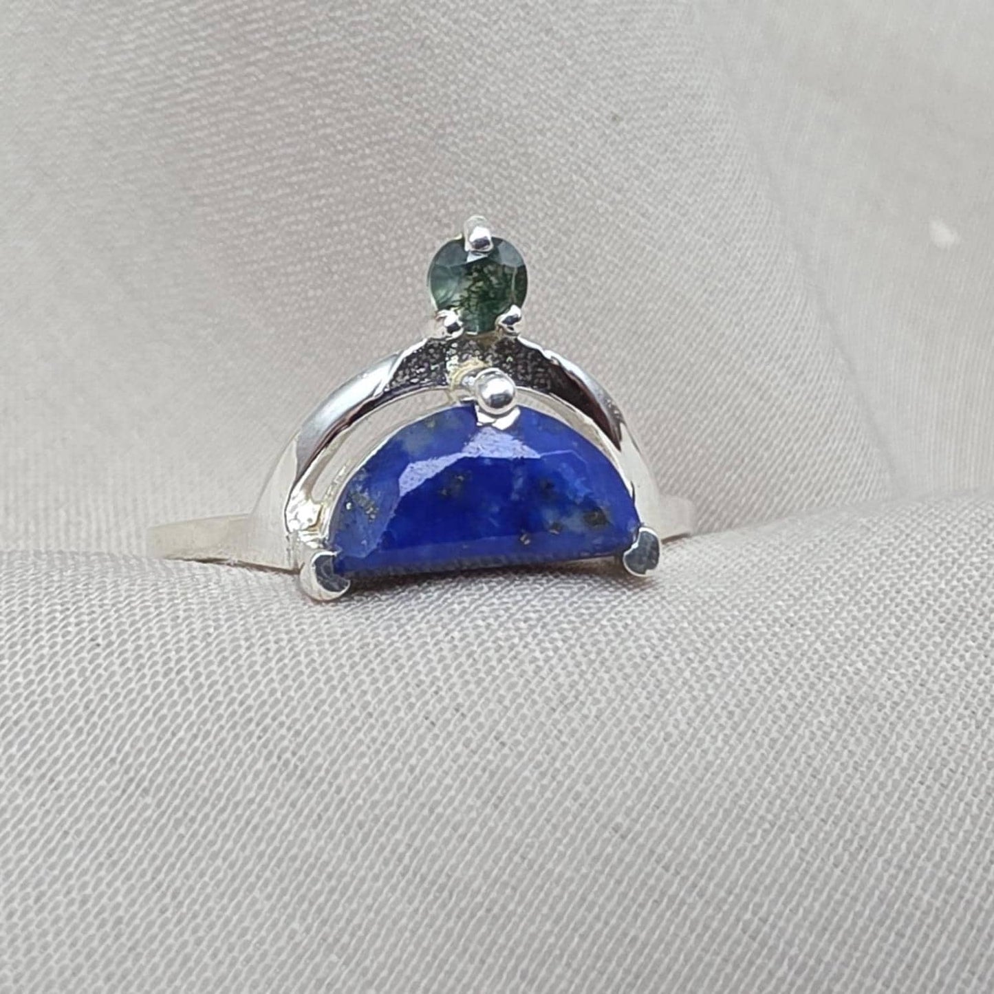 Lapis Lazuli Ring 925 Sterling Silver Dual Stone Moss Agate Statement Ring