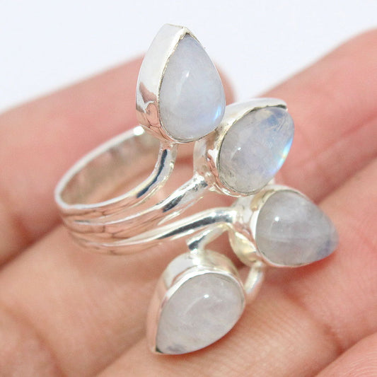 925 SOLID STERLING SILVER NATURAL RAINBOW MOONSTONE GEMSTONES HANDMADE RING, ALL SIZES AVAILABLE