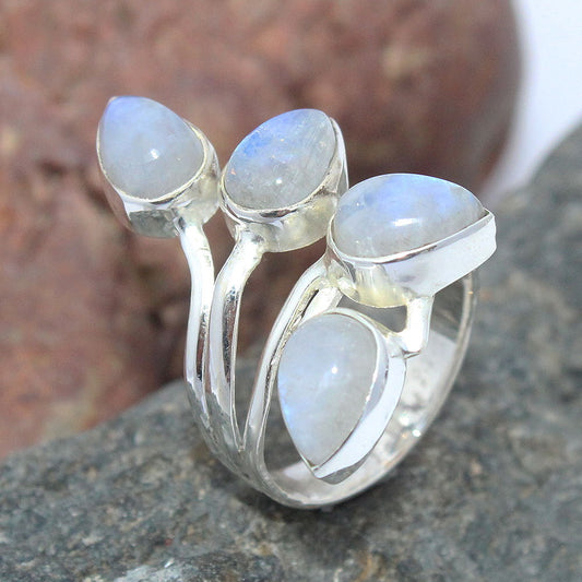 925 SOLID STERLING SILVER NATURAL RAINBOW MOONSTONE GEMSTONES HANDMADE RING, ALL SIZES AVAILABLE