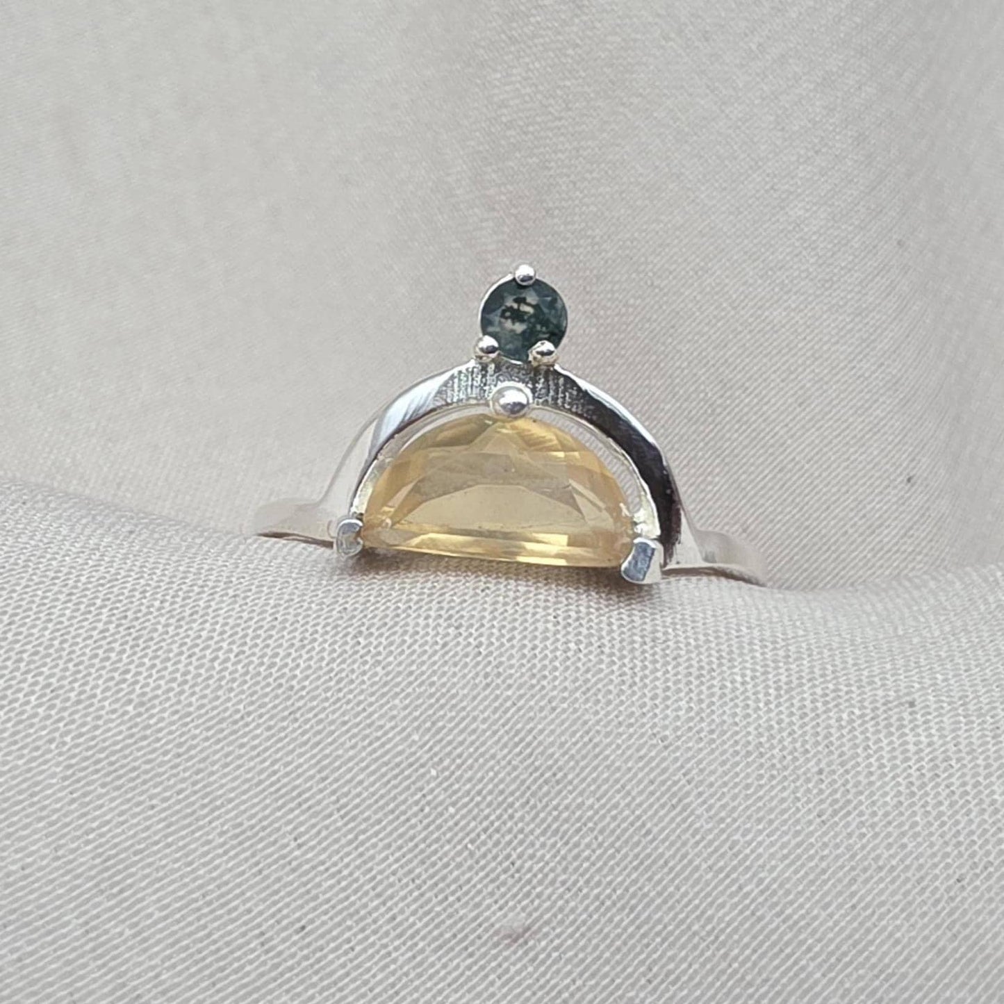 Citrine Ring 925 Sterling Silver Dual Stone Moss Agate Statement Ring