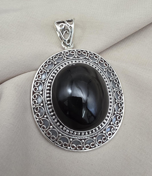 925 Sterling Silver Natural Black Onyx Silver Pendant Oval Cabochon Handmade Gemstone Jewelry