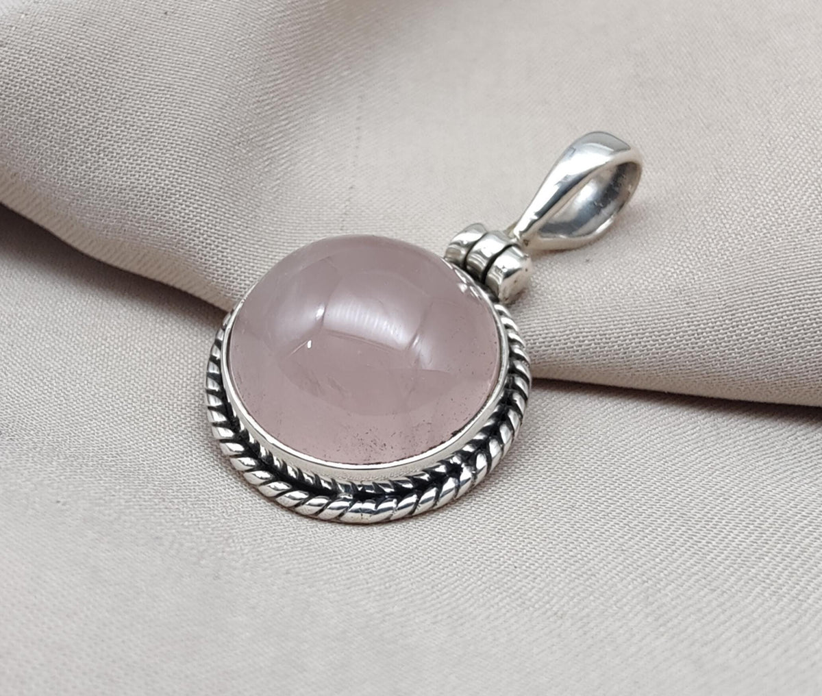 Handmade Rose Quartz Pendant: 925 Sterling Silver Round Necklace