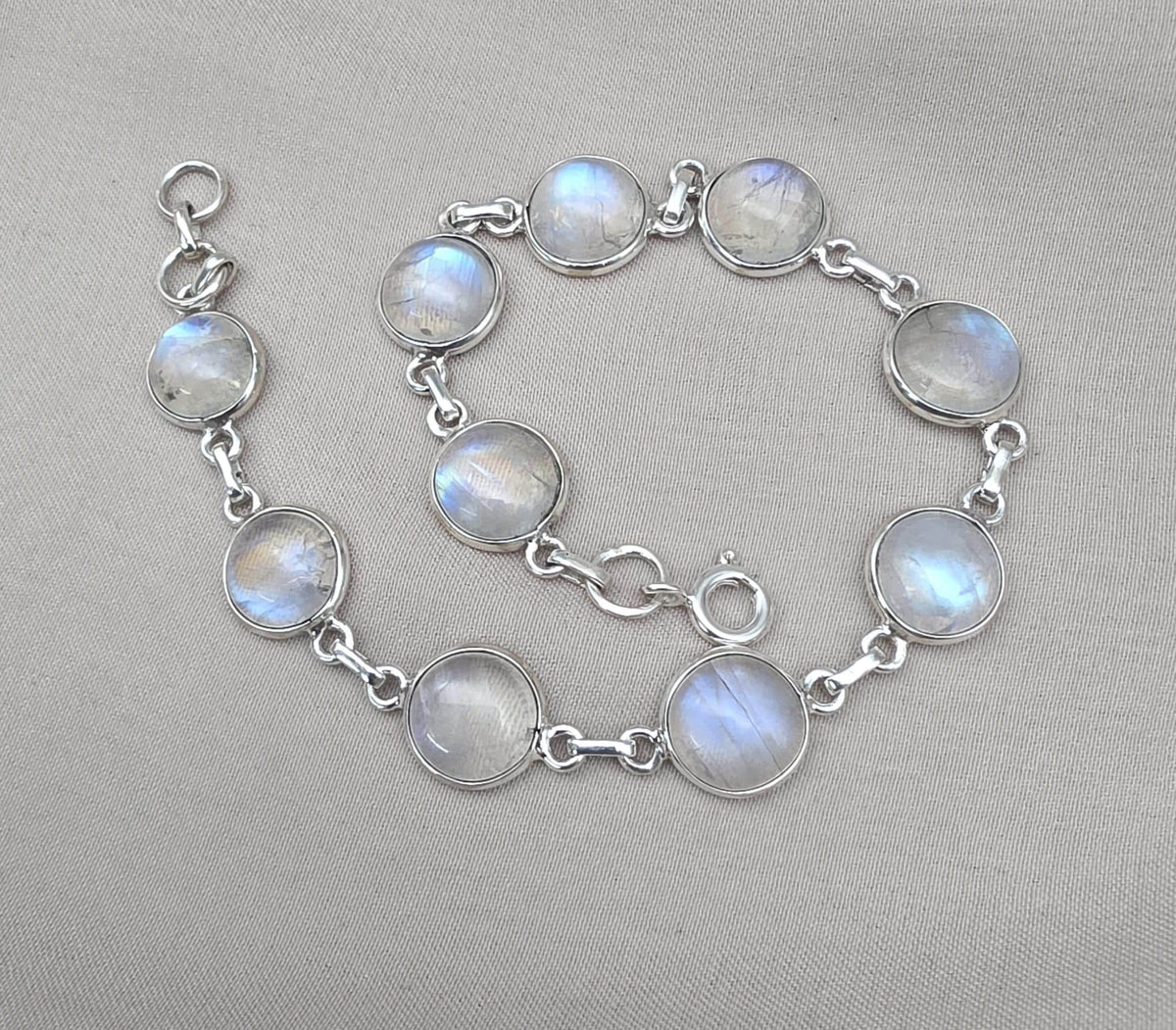 925 Sterling Silver Blue Flash Rainbow Moonstone Bracelet Natural Oval Link Jewelry