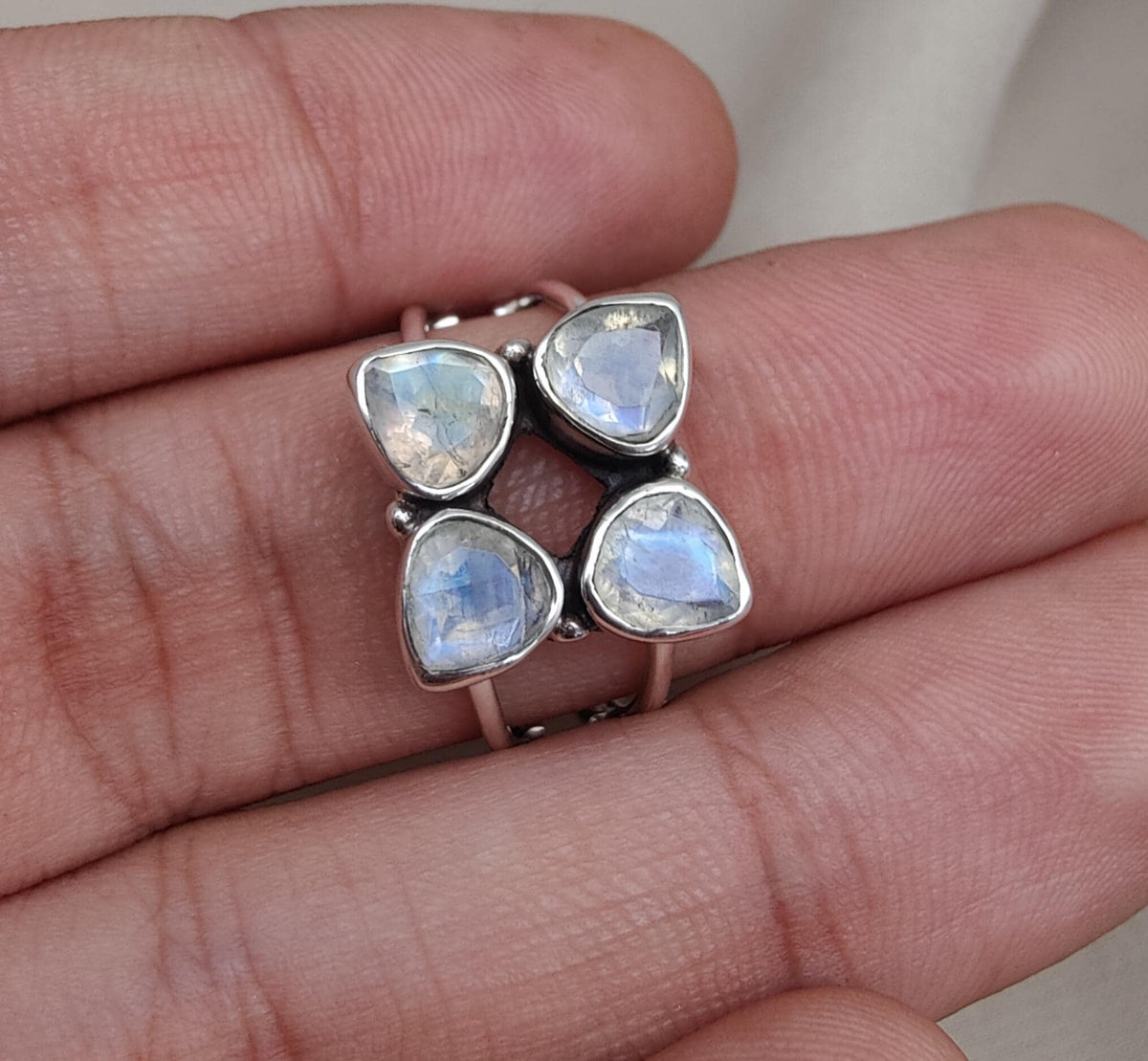 Rainbow Moonstone Floral Cluster Ring: Handmade 925 Sterling Silver