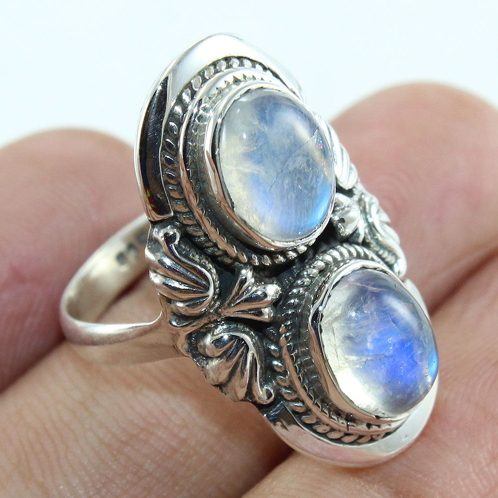 925 SOLID STERLING SILVER NATURAL RAINBOW MOONSTONE GEMSTONES HANDMADE RING, ALL SIZES AVAILABLE