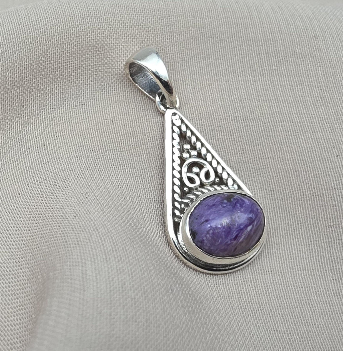 Handmade Charoite 925 Sterling Silver Pendant: Purple Gemstone Boho Necklace