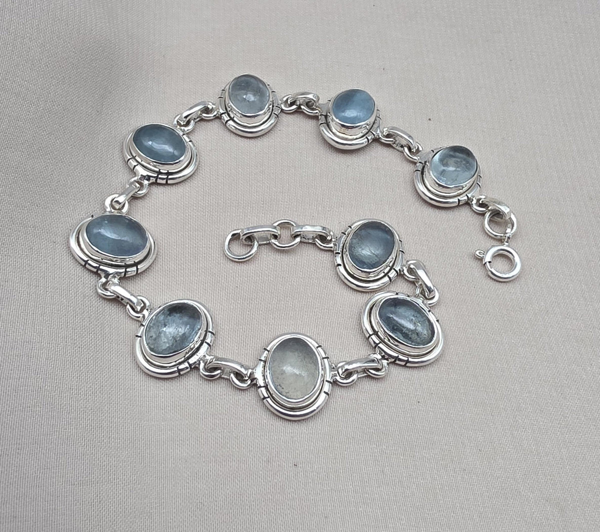 925 Sterling Silver Aqua Milky Gemstone Bracelet Natural Blue Cabochon Handmade Jewelry