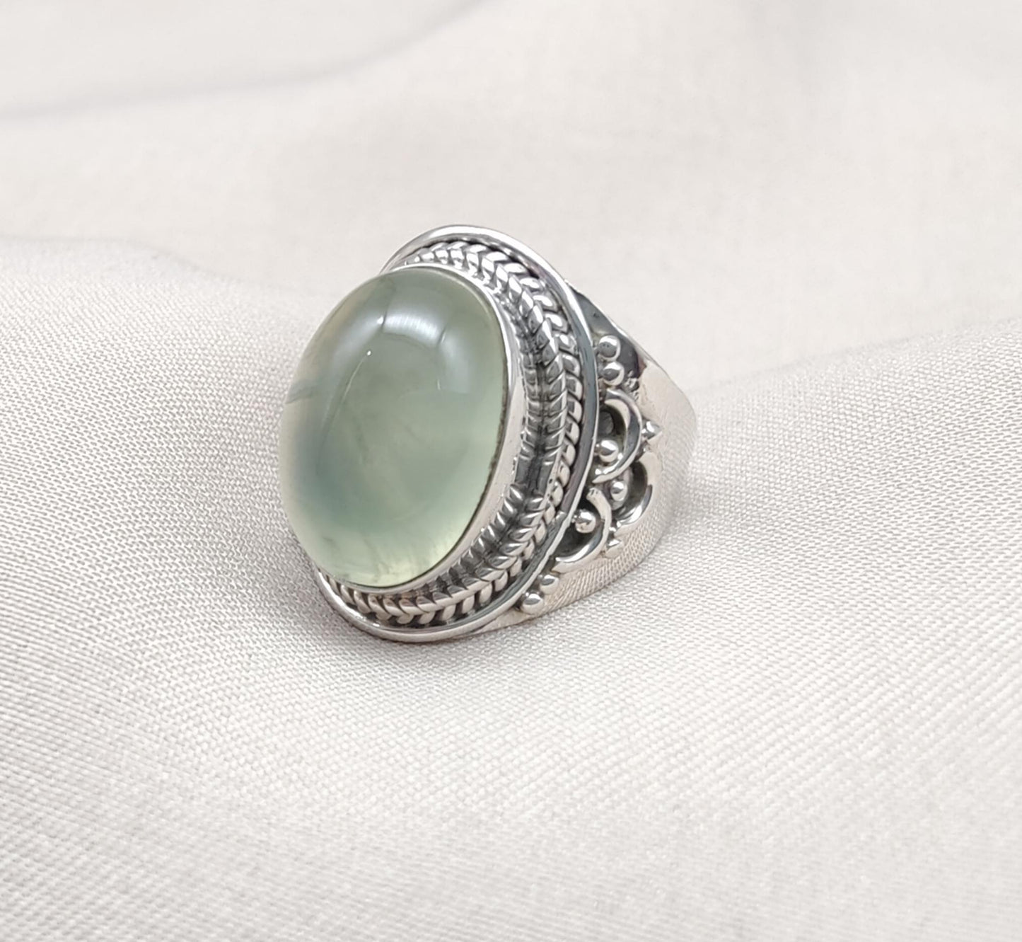 Prehnite 925 Sterling Silver Ring: Handmade Boho Healing Crystal