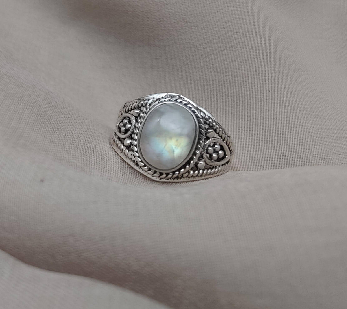 Rainbow Moonstone Ring: Oxidized 925 Sterling Silver, Boho Floral Design