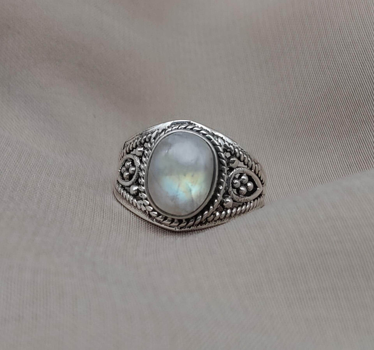 Rainbow Moonstone Ring: Oxidized 925 Sterling Silver, Boho Floral Design