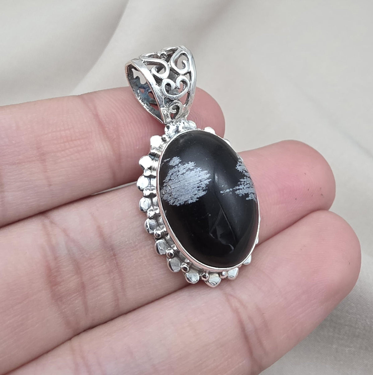 Snowflake Obsidian Pendant 925 Sterling Silver Protection Gemstone Necklace Courage Jewelry