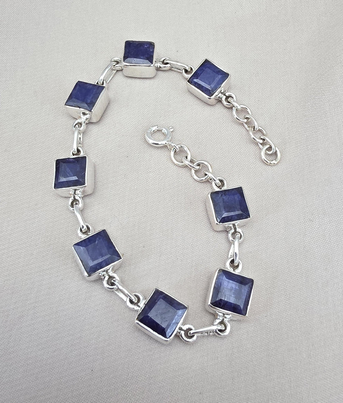 Blue Sapphire Cushion Link Bracelet 925 Sterling Silver Square Faceted Gemstone Bracelet Handmade Jewelry