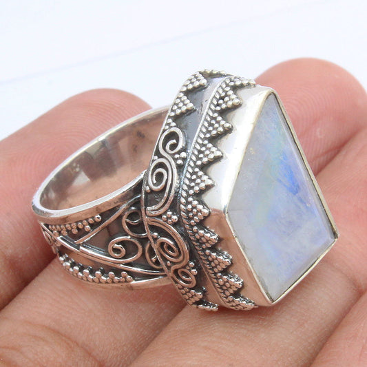 925 SOLID STERLING SILVER NATURAL RAINBOW MOONSTONE GEMSTONES HANDMADE RING, ALL SIZES AVAILABLE