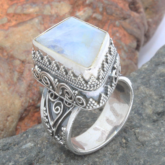 925 SOLID STERLING SILVER NATURAL RAINBOW MOONSTONE GEMSTONES HANDMADE RING, ALL SIZES AVAILABLE
