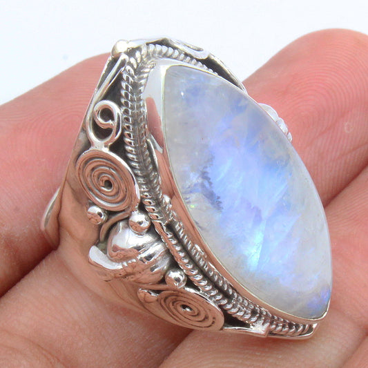 925 SOLID STERLING SILVER NATURAL RAINBOW MOONSTONE GEMSTONES HANDMADE RING, ALL SIZES AVAILABLE
