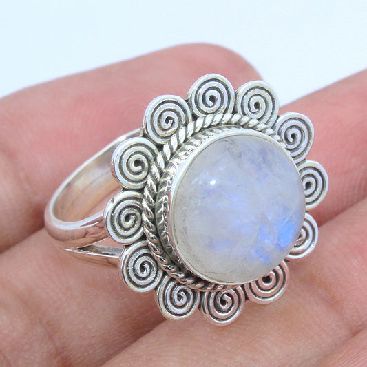 925 SOLID STERLING SILVER NATURAL RAINBOW MOONSTONE GEMSTONES HANDMADE RING, ALL SIZES AVAILABLE