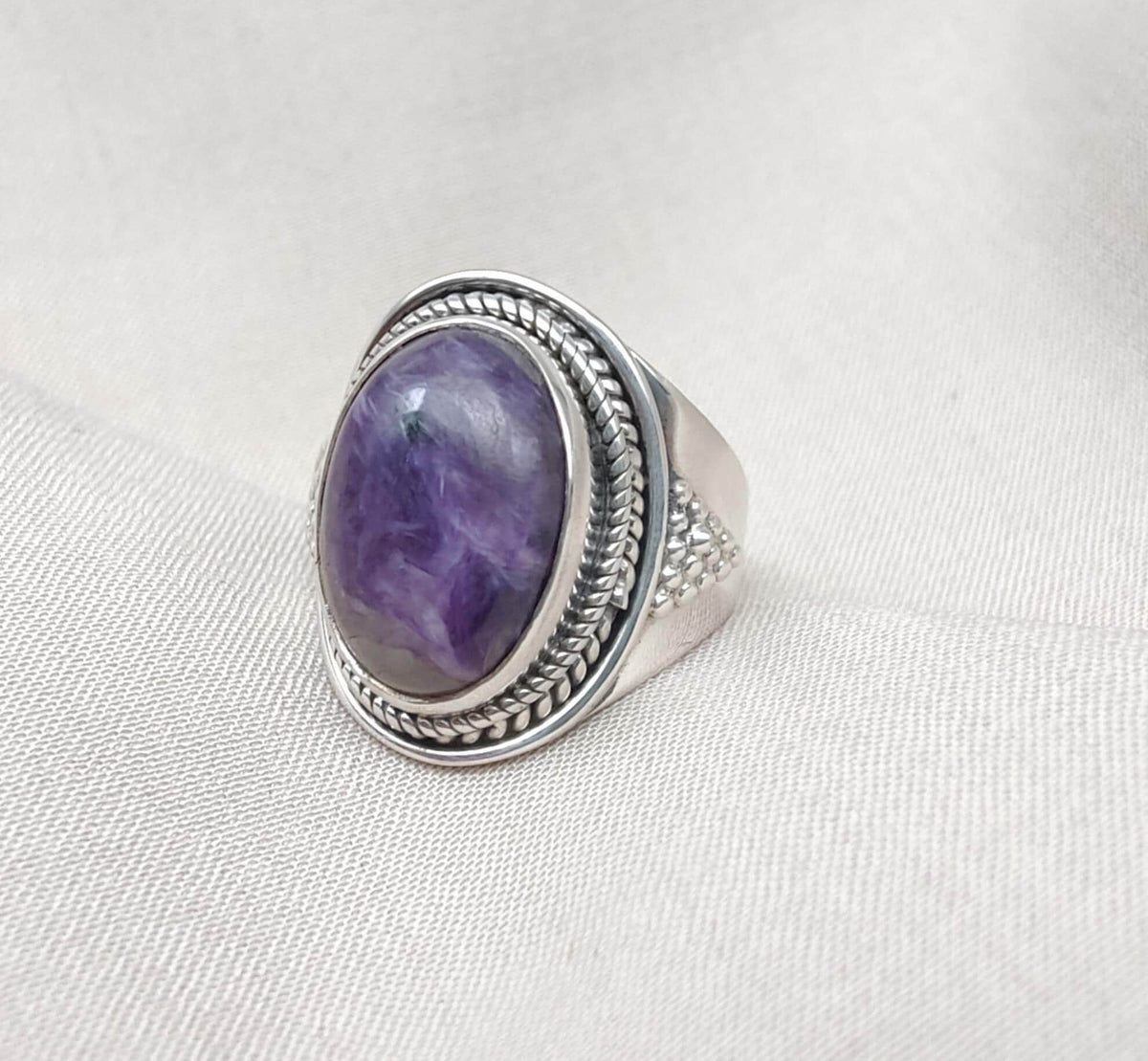 Natural Charoite 925 Sterling Silver Ring: Handmade Boho Gemstone Jewelry