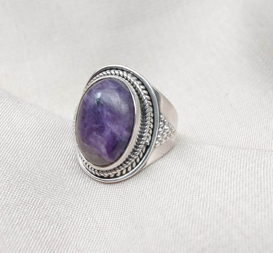 Natural Charoite 925 Sterling Silver Ring: Handmade Boho Gemstone Jewelry