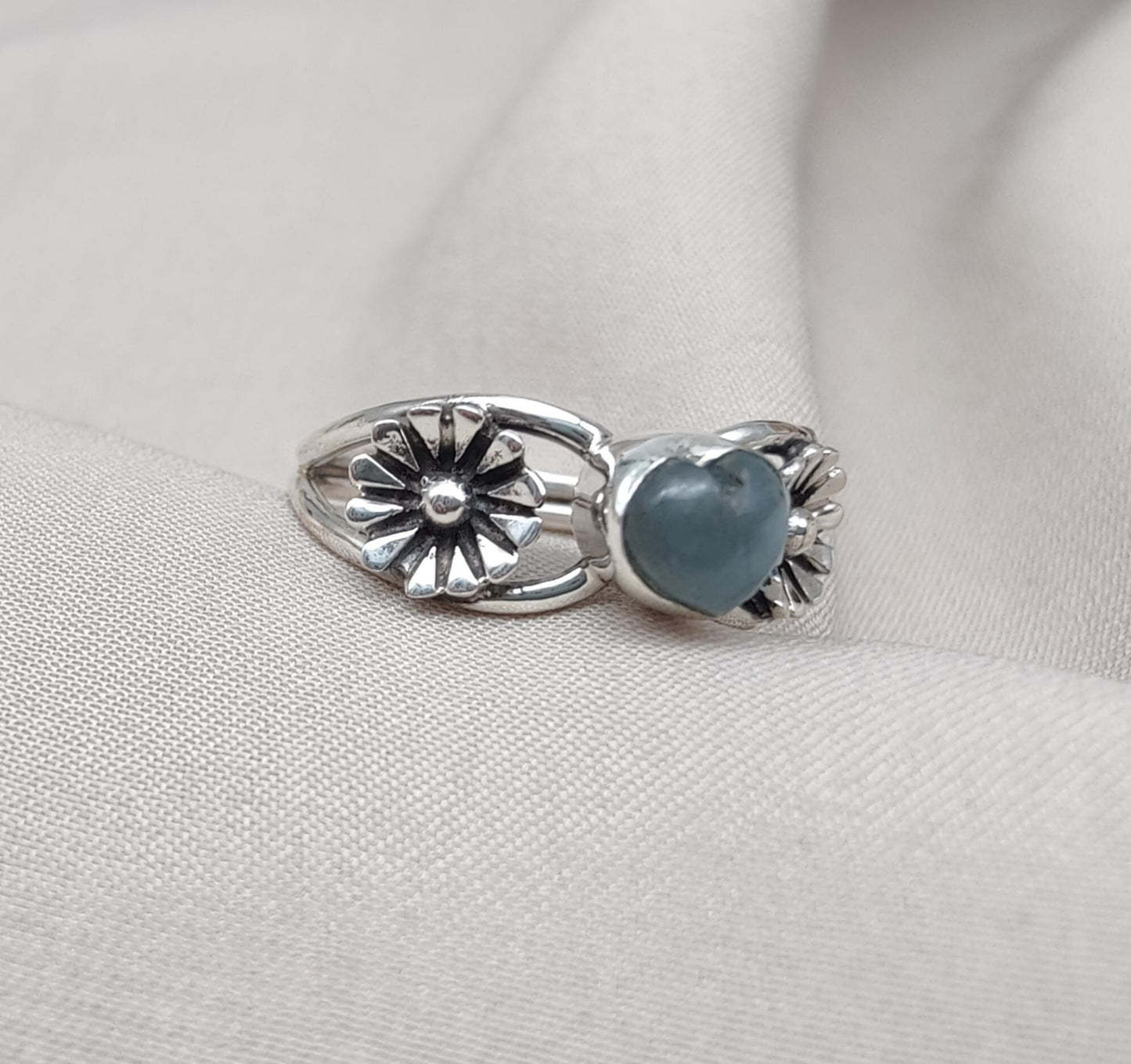 Aquamarine Heart Ring 925 Sterling Silver Floral Boho Ring