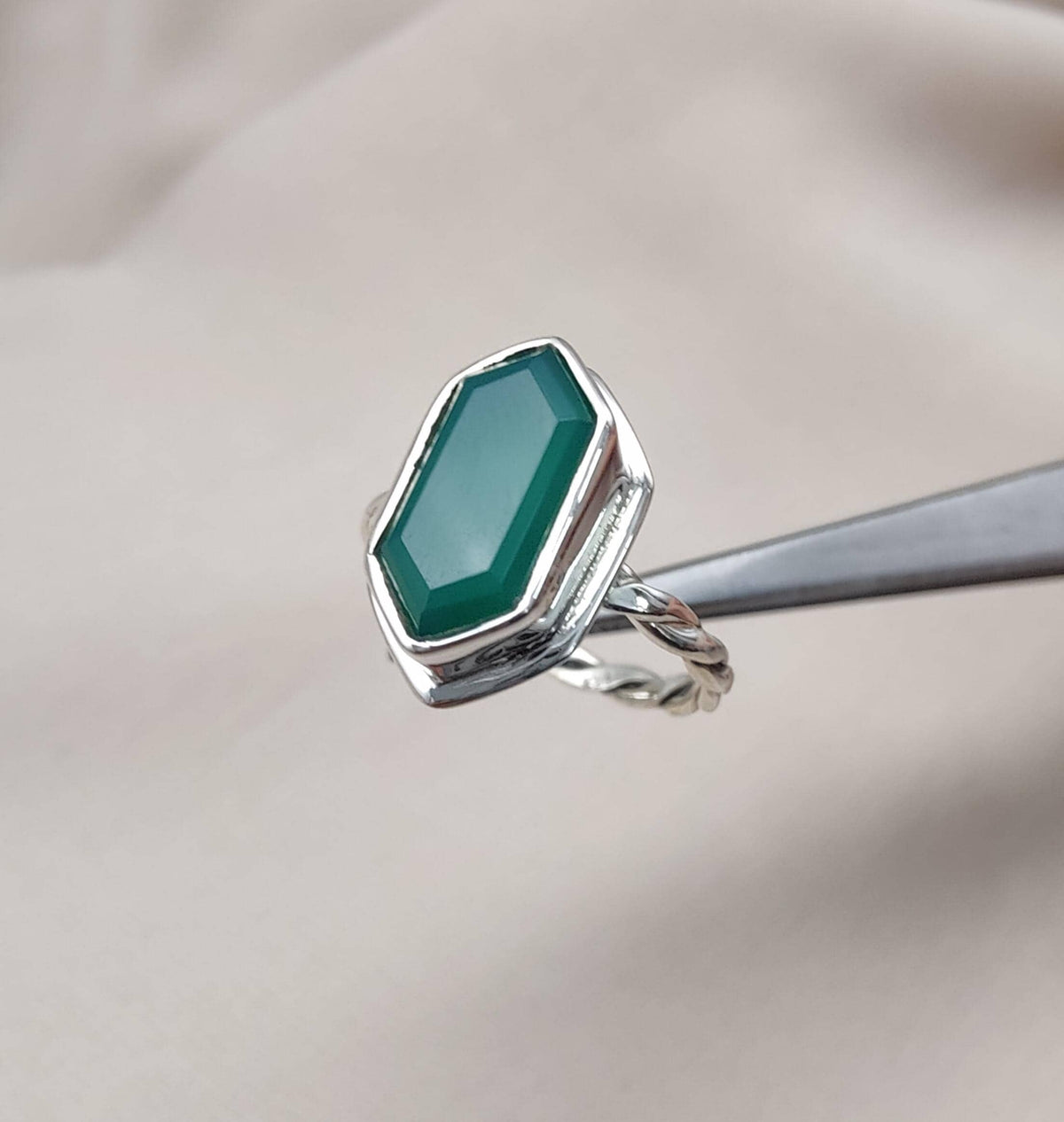 Green Onyx Hexagon Ring: 925 Sterling Silver, Handmade Jewelry