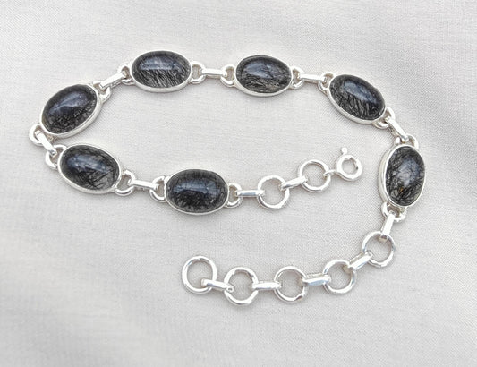 Black Rutile Quartz 925 Sterling Silver Bracelet: Adjustable Gemstone Jewelry