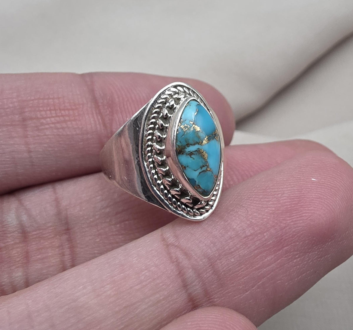 Blue Copper Turquoise Marquise Ring 925 Sterling Silver Statement Ring December Birthstone Gift
