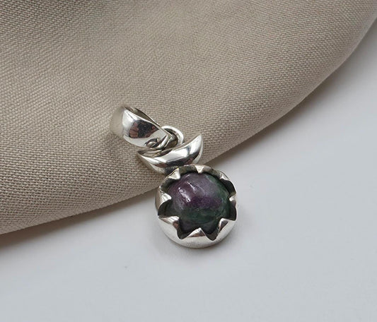925 Sterling Silver Ruby Zoisite Pendant Natural Round Cabochon Gemstone Floral Necklace Charm