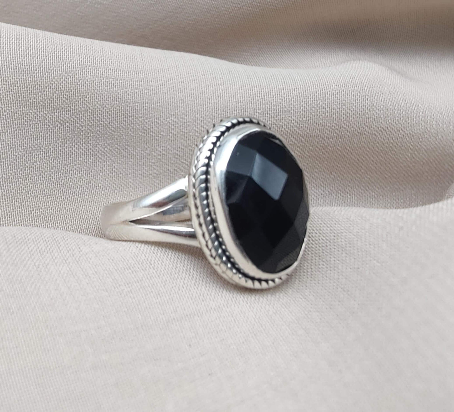 Black Onyx Ring: Faceted Oval Gemstone, 925 Sterling Silver, Boho Protection Jewelry