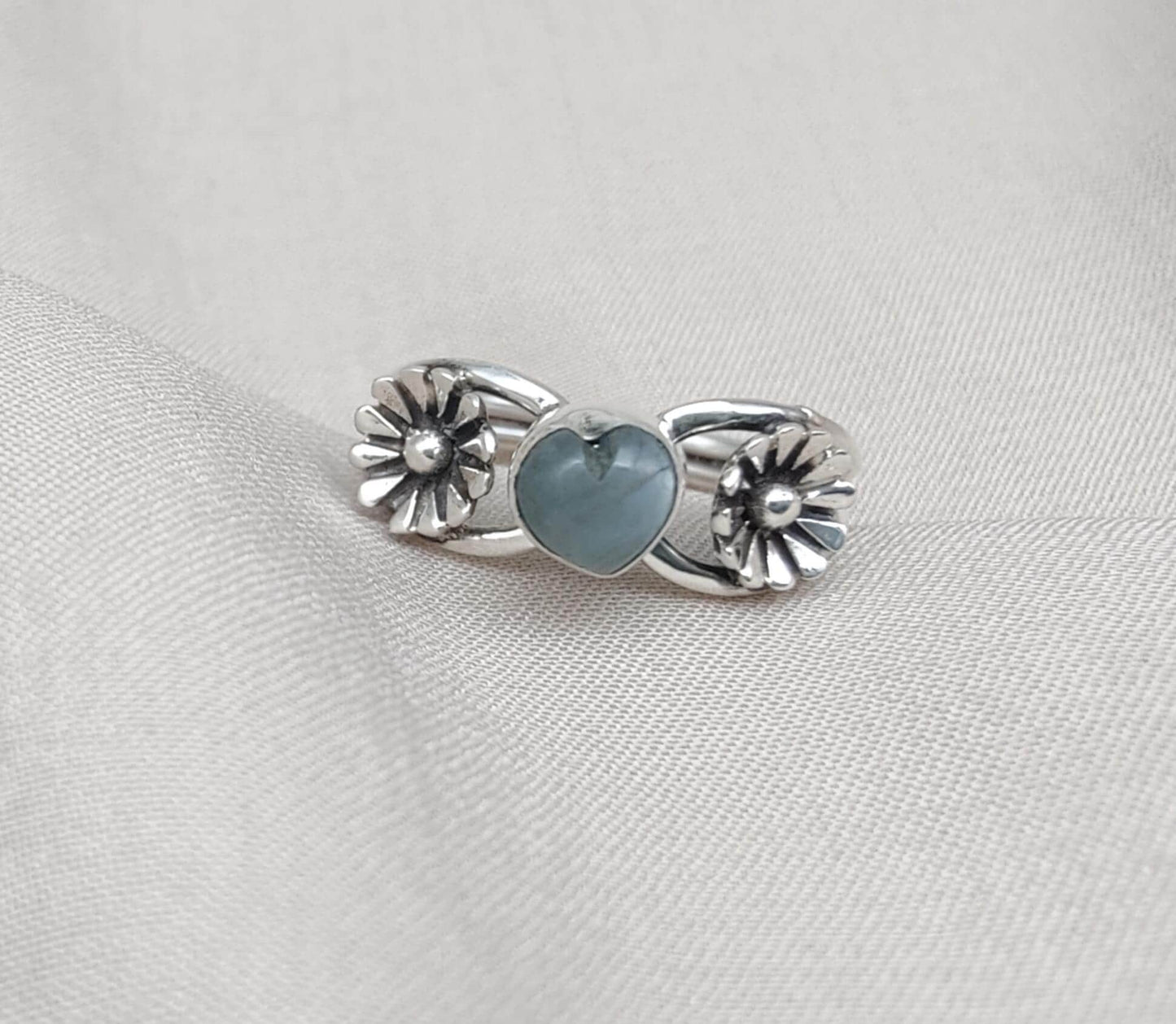 Aquamarine Heart Ring 925 Sterling Silver Floral Boho Ring