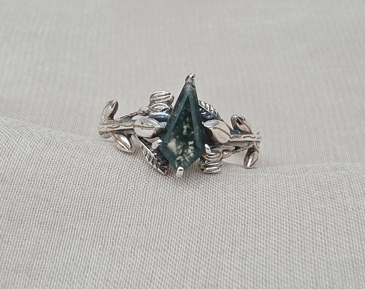925 SOLID STERLING SILVER NATURAL MOSS AGATE GEMSTONE LEAF SILVER RING, ALL SIZES AVAILABLE
