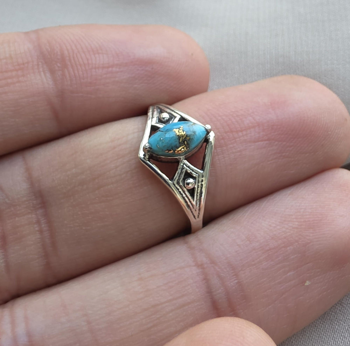 Blue Copper Turquoise Marquise Ring 925 Sterling Silver Statement Ring December Birthstone Gift