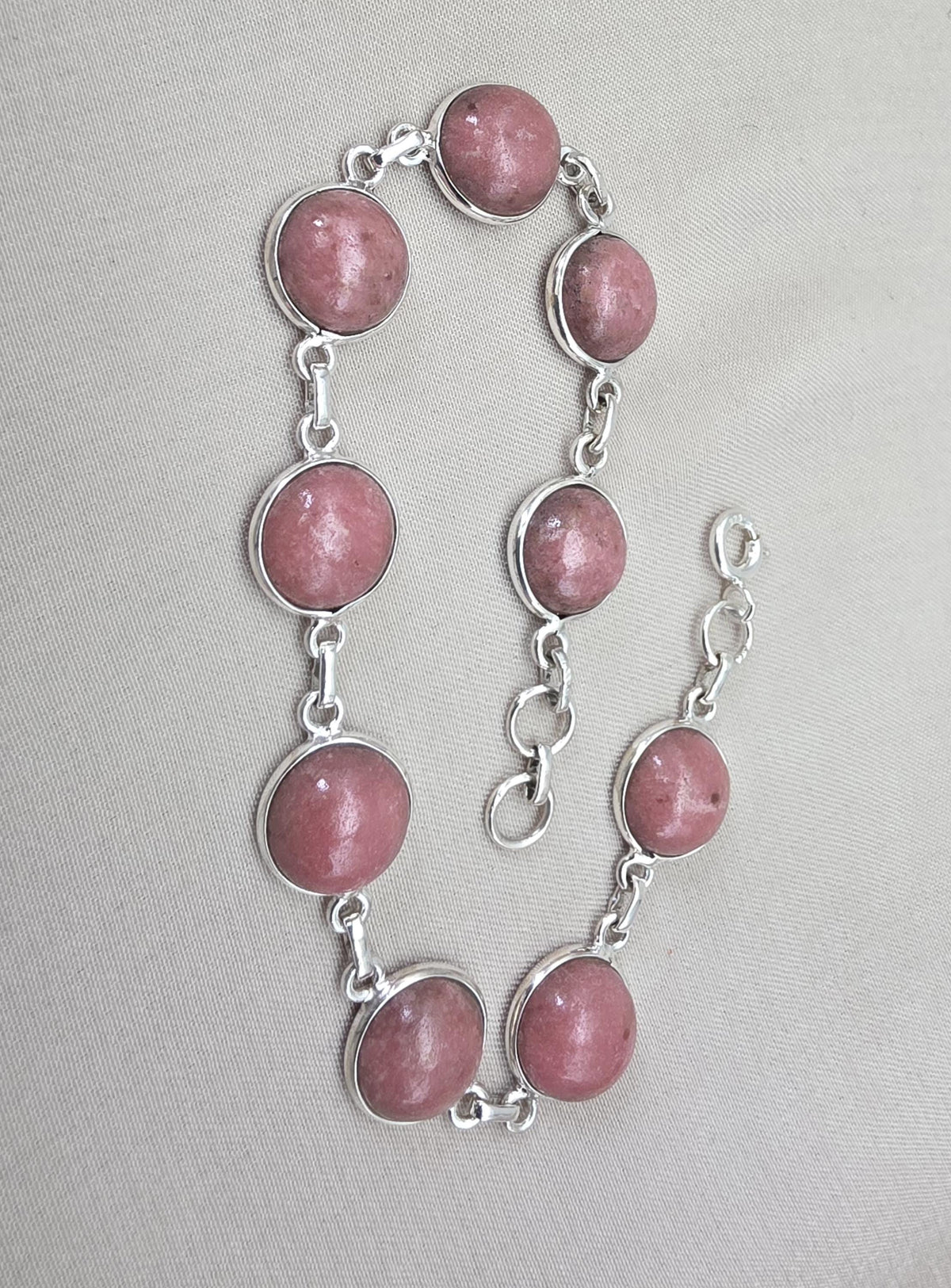 Rhodochrosite Bracelet 925 Sterling Silver Round Cabochon Pink Gemstone Link Bracelet Handmade Jewelry