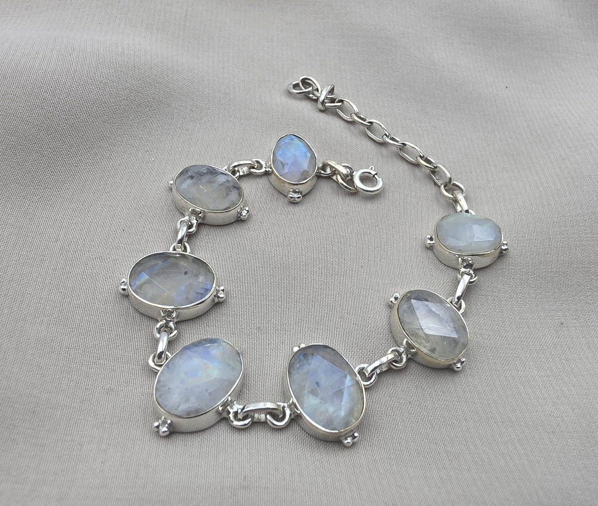 Rainbow Moonstone 925 Sterling Silver Bracelet Natural Oval Link Jewelry