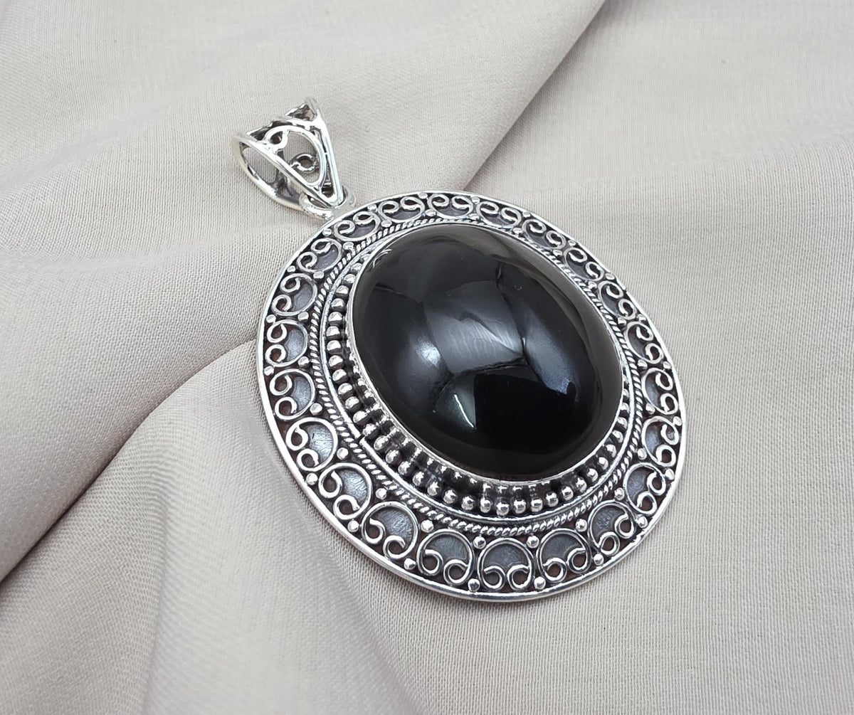 925 Sterling Silver Natural Black Onyx Silver Pendant Oval Cabochon Handmade Gemstone Jewelry