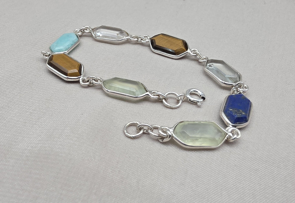 Multi Gemstone Bracelet 925 Silver Colorful Stone Jewelry Hexagon Gemstone Gift for Her